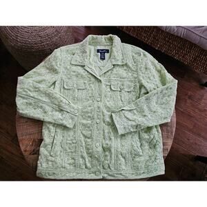 Denim & Co Sz Large Romantic LIME Green Lace Floral Jacket Button Up Pockets